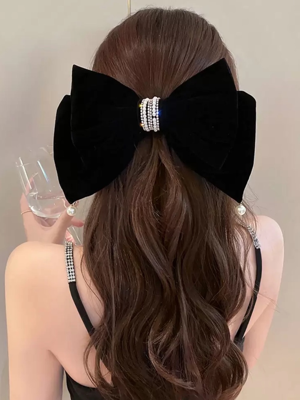 1pc Women's Solid Color Velvet Oversized Pearl Rhinestone Bow Hair Clip Back